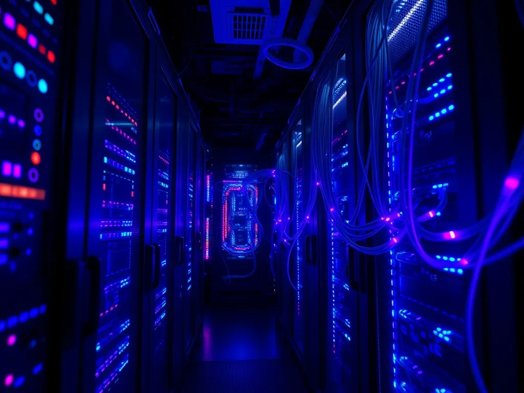 A high-tech server room with glowing blue and violet lights,