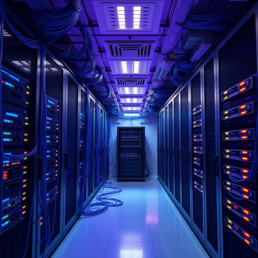 A high-tech server room with clean cable management, blue an