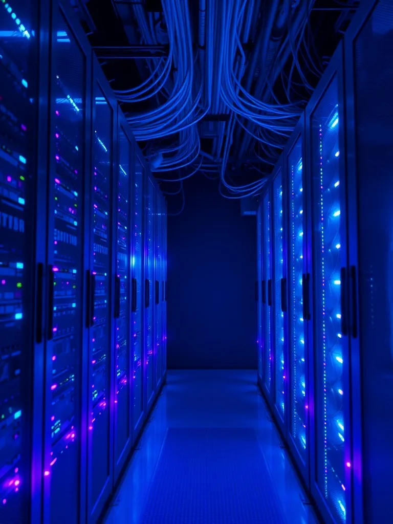 High-tech server room with blue and violet glowing lights, f